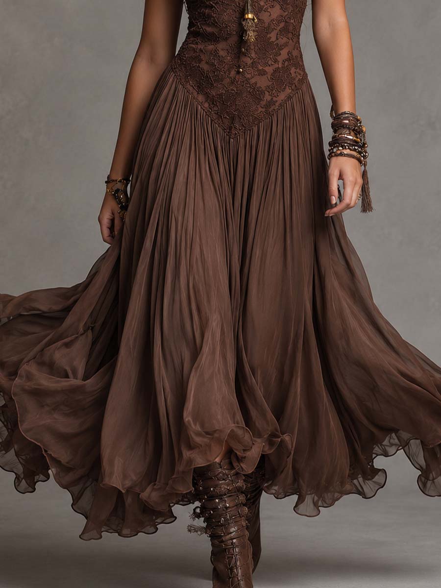 Vestido maxi de chiffon castanho-escuro com detalhes em renda