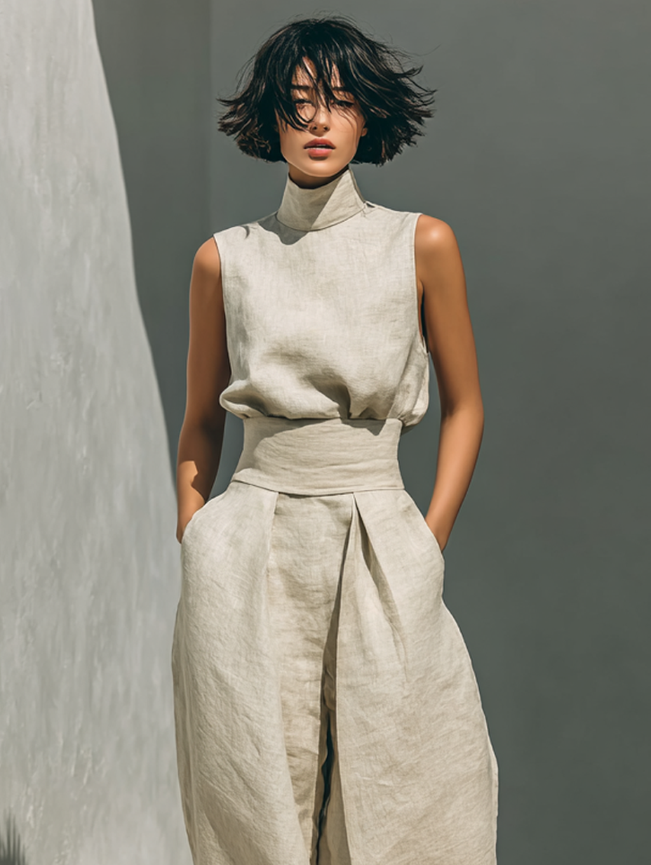 Conjunto composto por uma blusa sem mangas e calças de perna larga, num tecido misto de algodão e linho