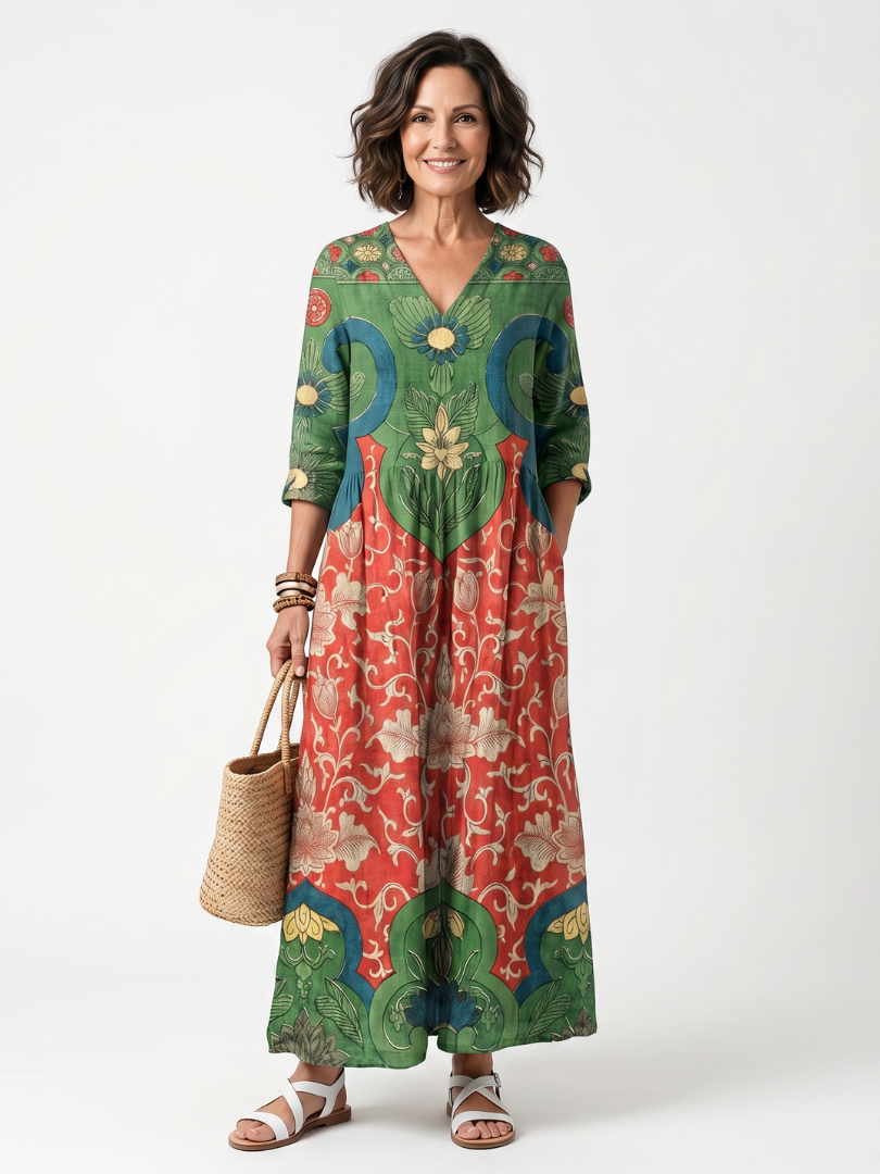 Sloane | Vestido midi com estampado misto, decote em V e bolsos