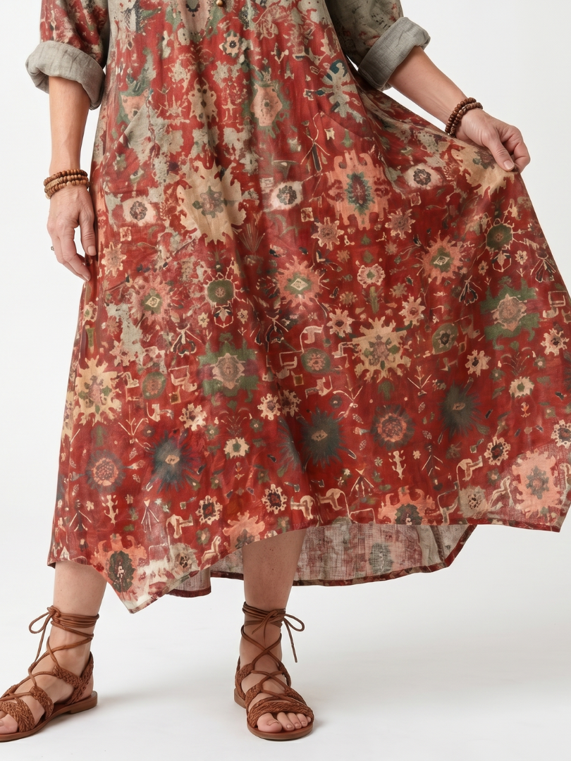 Saffron | Vestido midi descontraído com mistura de padrões e bolsos