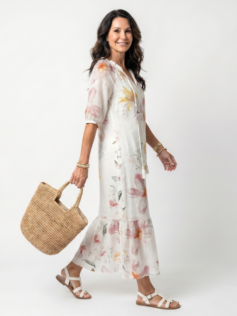 Noa | Vestido midi floral em camadas com cordões com borlas