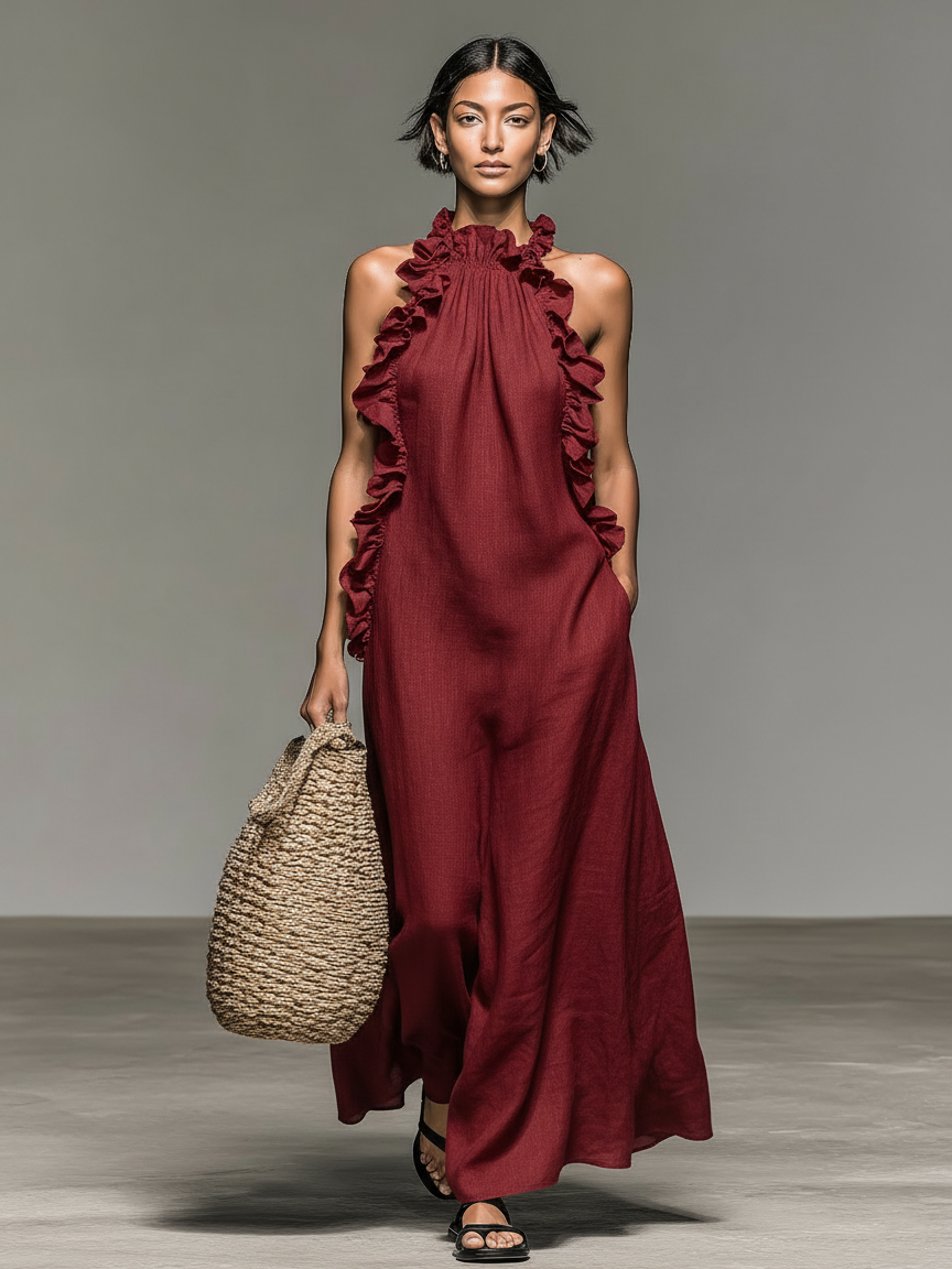 Vestido maxi sem mangas, em uma mistura de linho, com detalhes de folhos