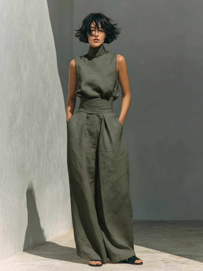 Conjunto composto por uma blusa sem mangas e calças de perna larga, num tecido misto de algodão e linho