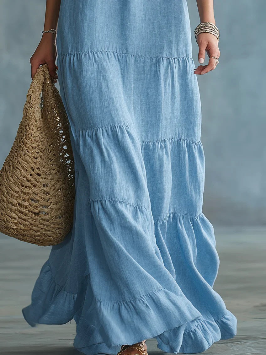 Anita | Vestido maxi estilo boho em azul-celeste, com decote em V e folhos