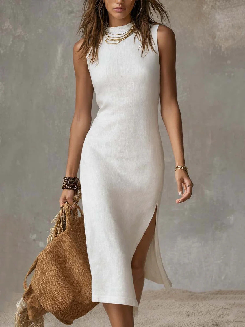 Vestido de malha elegante, de comprimento médio, com uma fenda alta