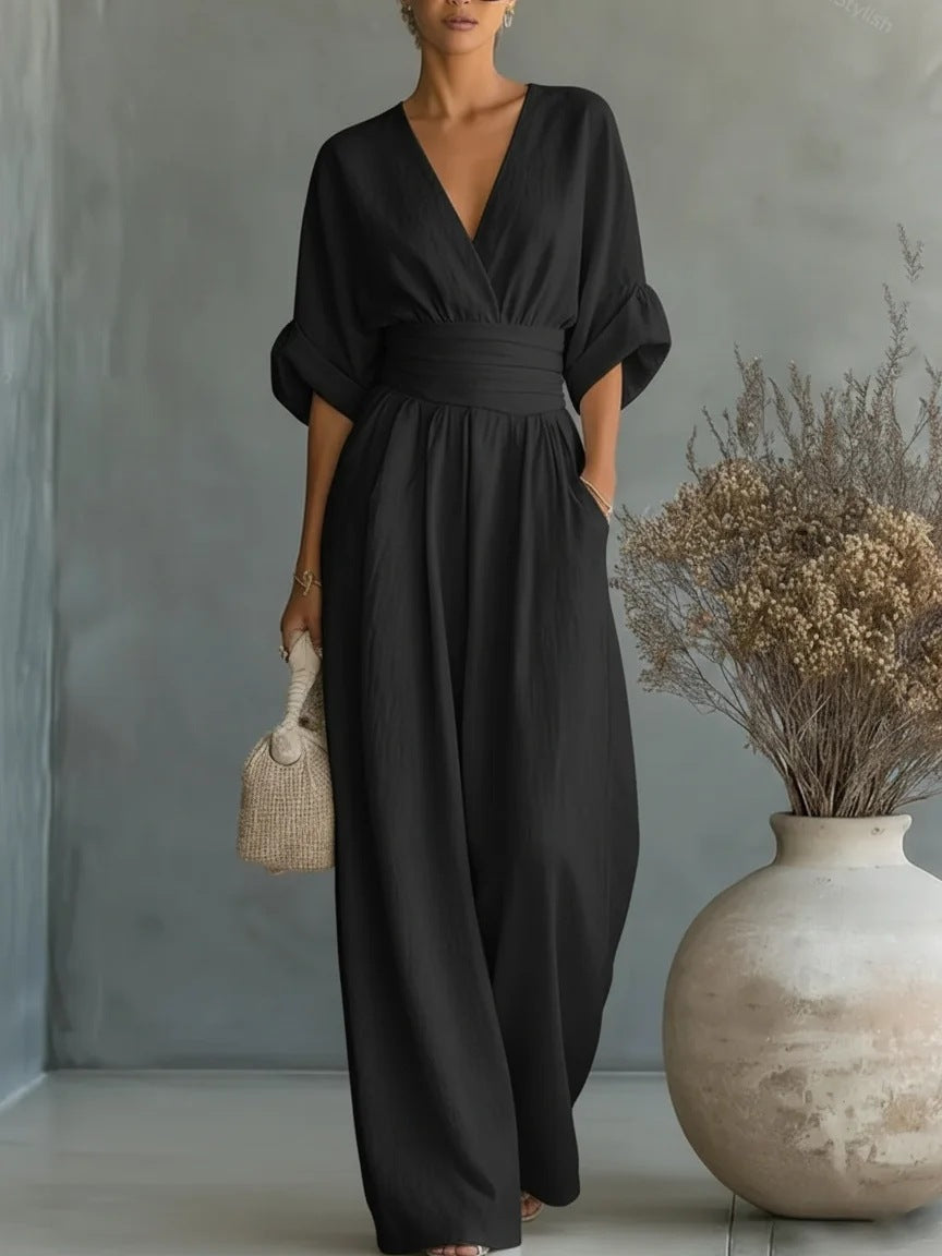 Macacão boho feminino com pernas largas, cintura alta e decote em V