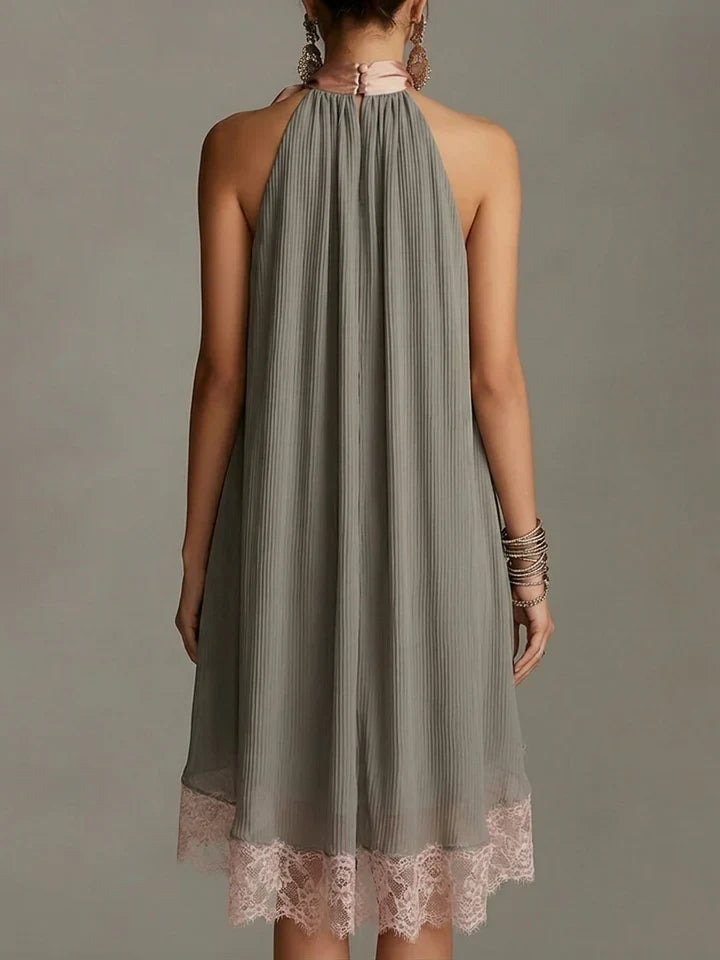 Beatrice | Mini-vestido de cetim cinzento com laço rosa e renda