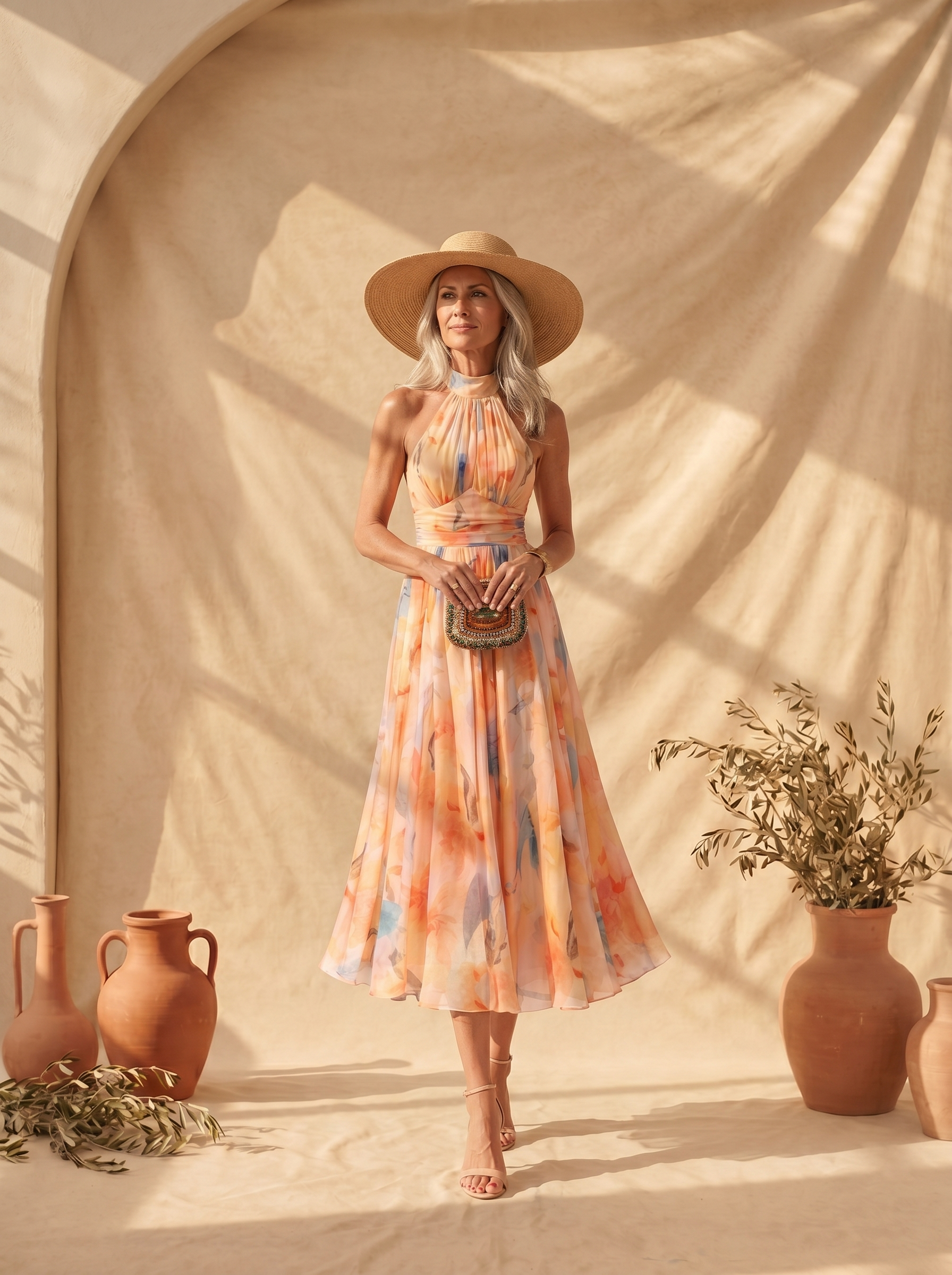 Aurora | Vestido com decote halter e estampado em aquarela
