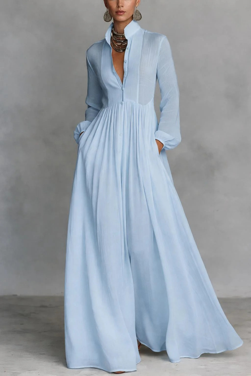 Celine | Vestido maxi azul com botões e queda fluida