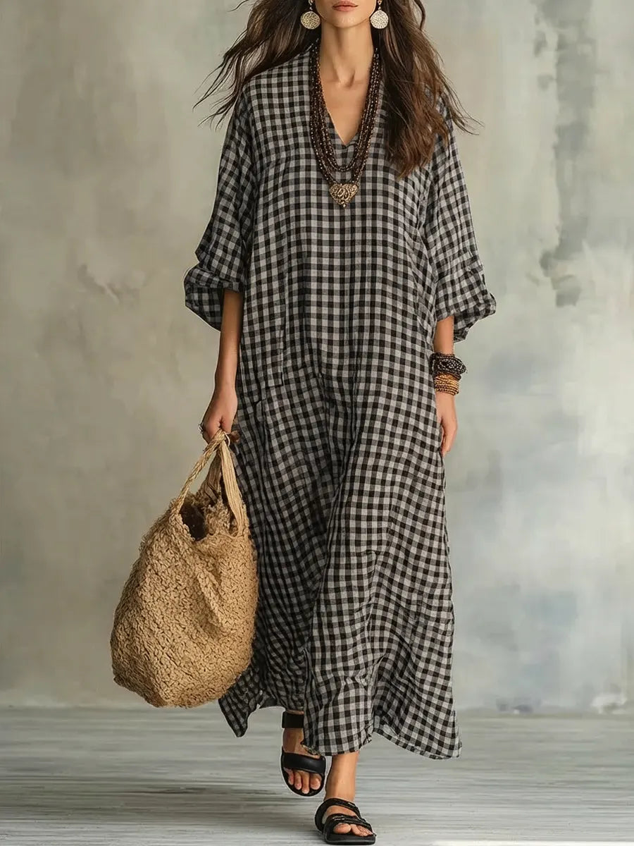 Mila | Vestido maxi aos quadrados com corte descontraído