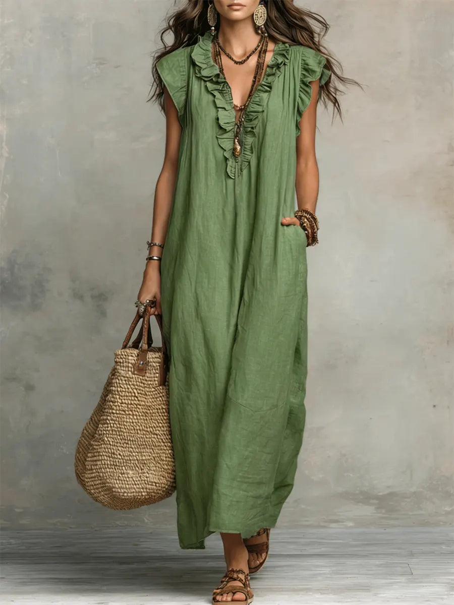 Sienna | Vestido maxi boho com folhos