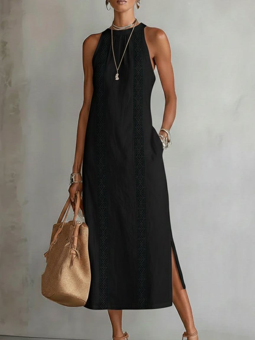 Celine | Vestido midi preto sem mangas com painel de renda
