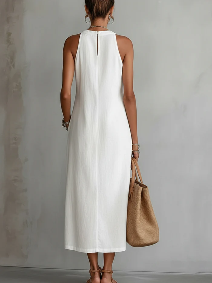 Celine | Vestido midi branco sem mangas com painel de renda