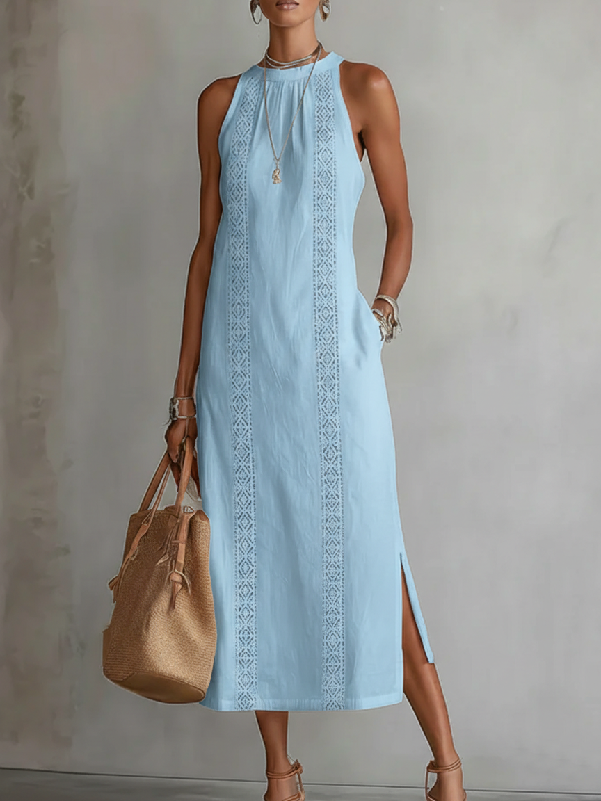 Celine | Vestido midi azul sem mangas com painel de renda