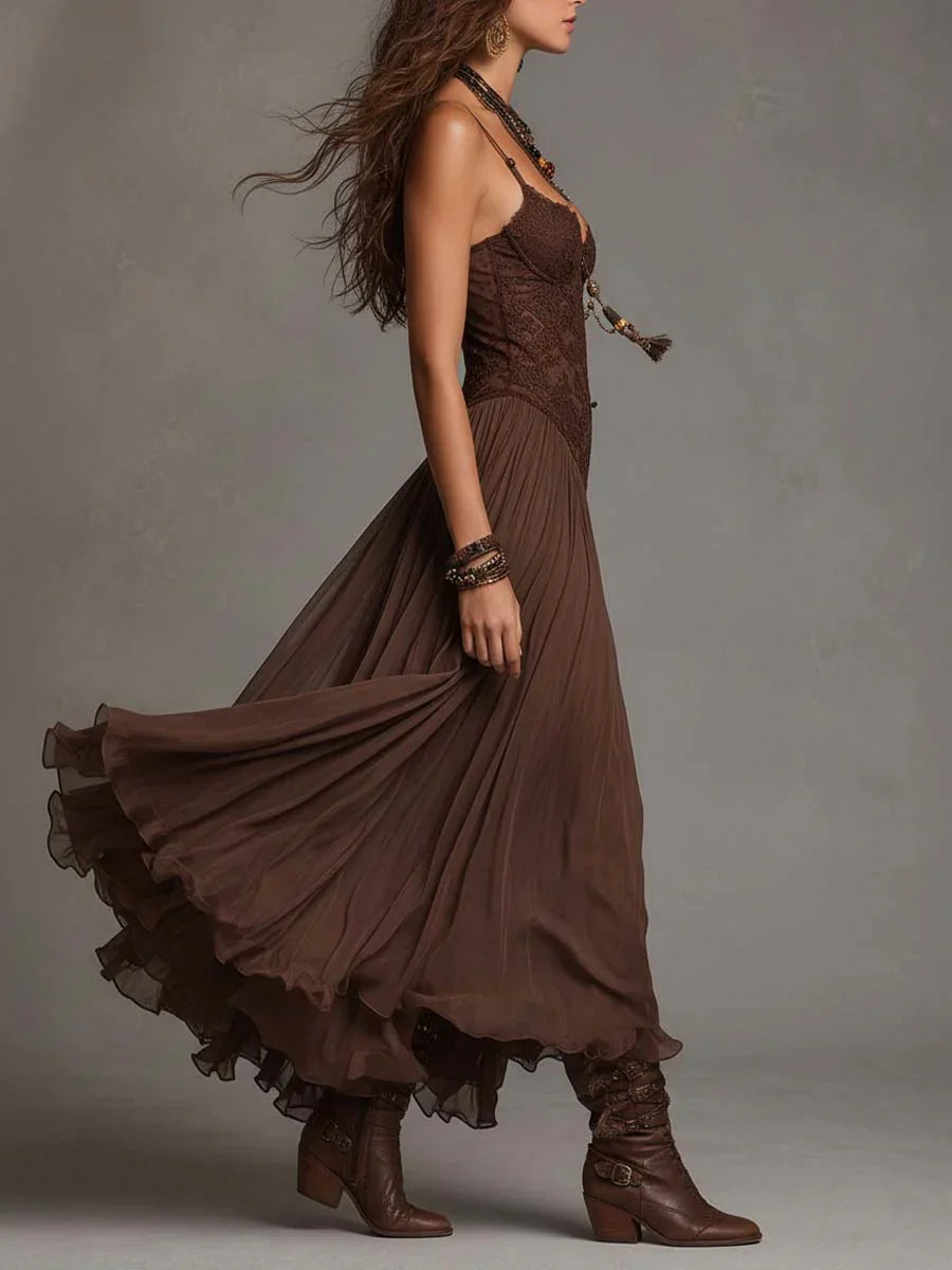 Vestido maxi de chiffon castanho-escuro com detalhes em renda
