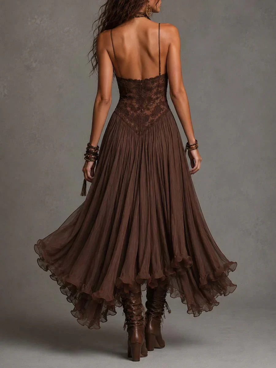 Vestido maxi de chiffon castanho-escuro com detalhes em renda