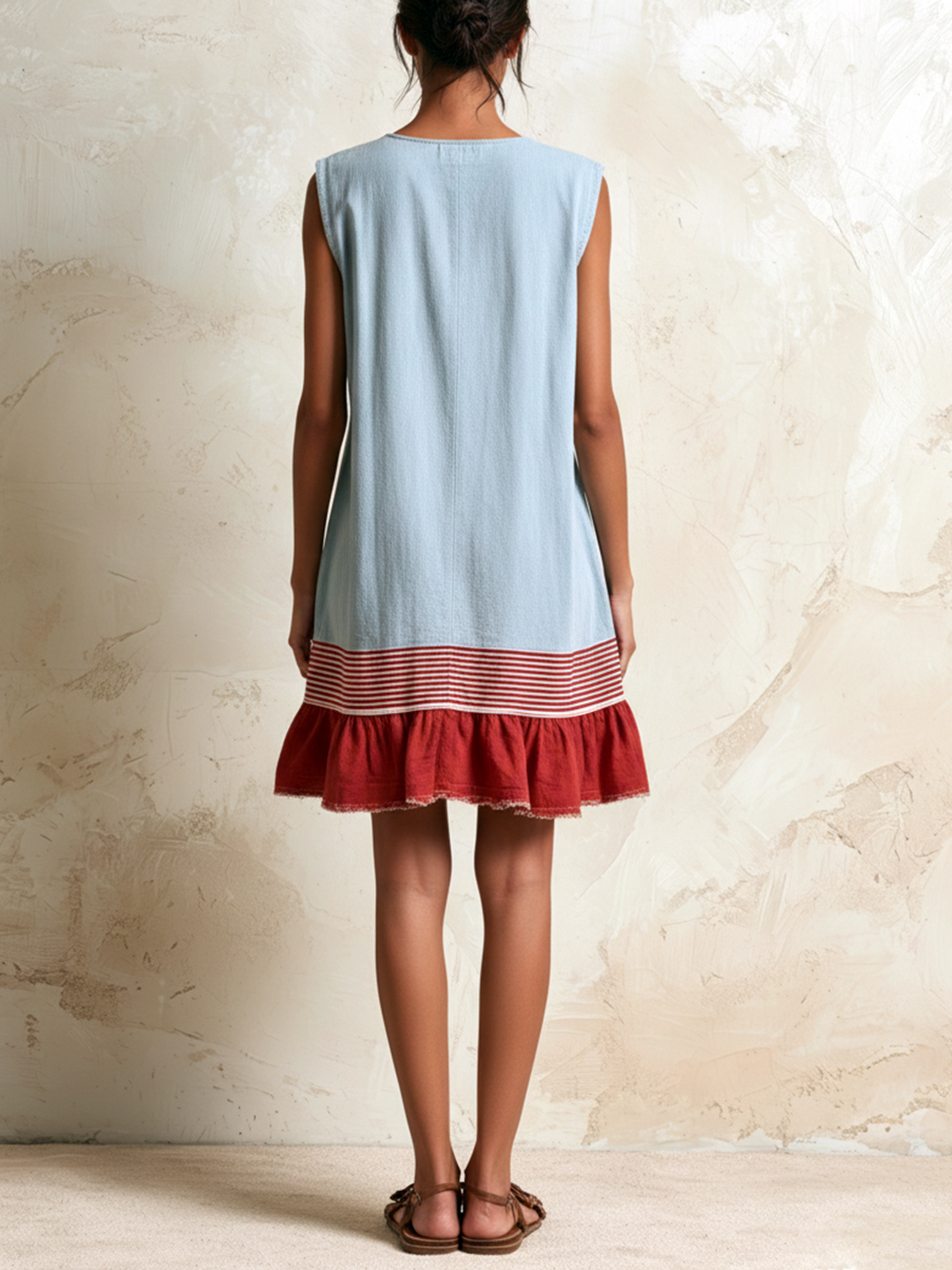 Vestido tipo túnica azul-claro, sem mangas, com uma risca vermelha e folhos na bainha