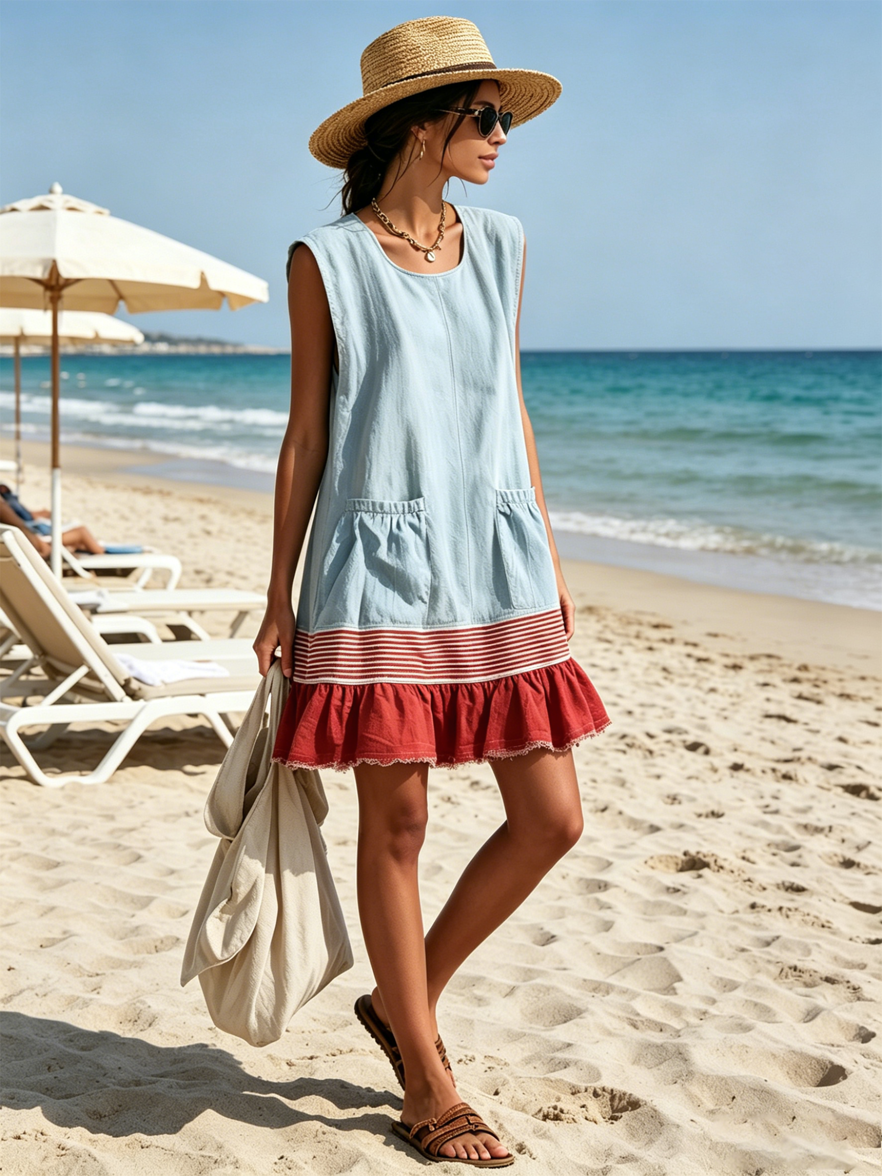 Vestido tipo túnica azul-claro, sem mangas, com uma risca vermelha e folhos na bainha