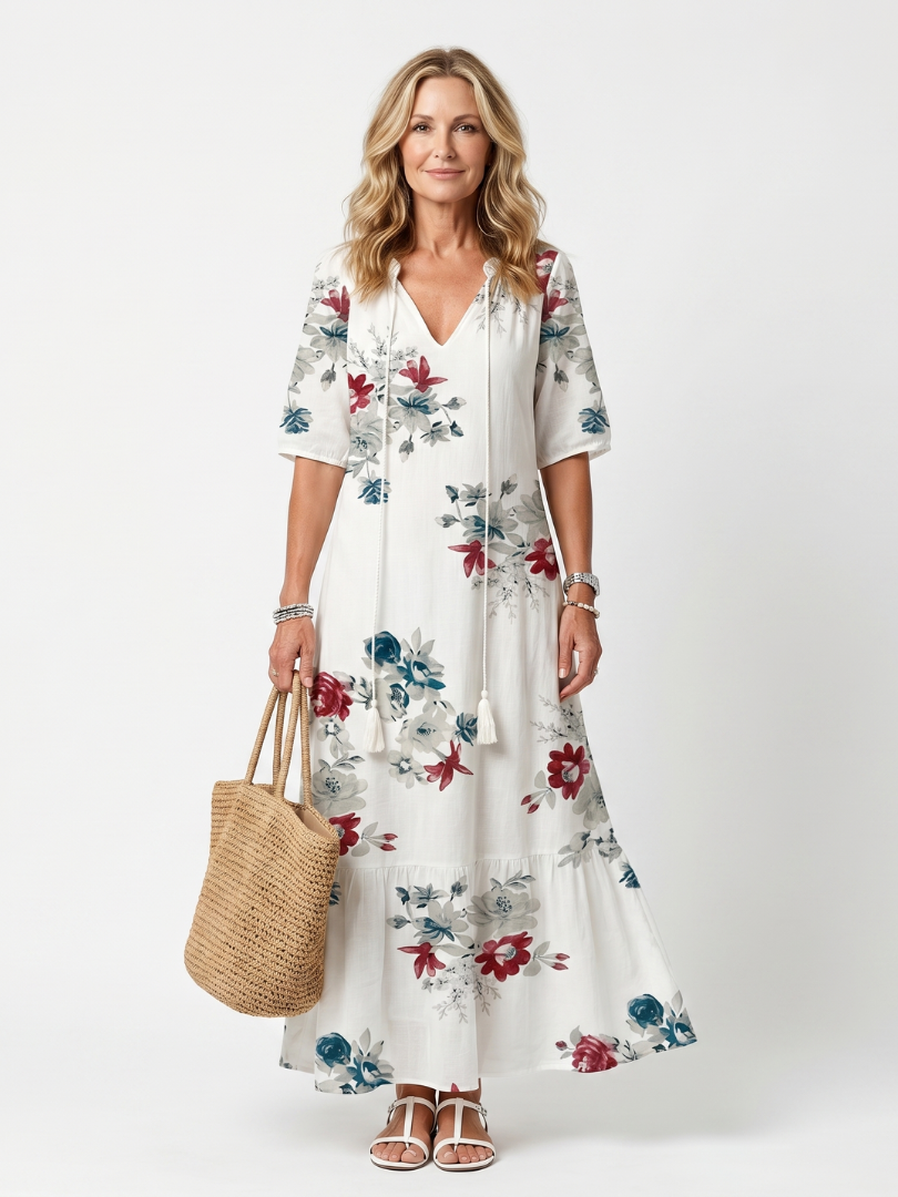 Maeva | Vestido midi com estampado floral delicado e cordões com borlas