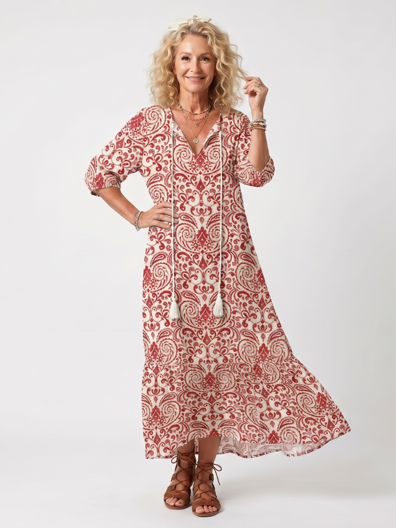 Noelle | Vestido midi com estampado ornamental e cordões com borlas