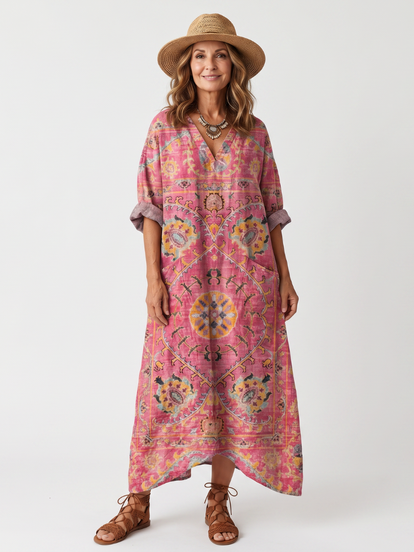 Tilda | Vestido midi descontraído com estampado abstrato e bolsos