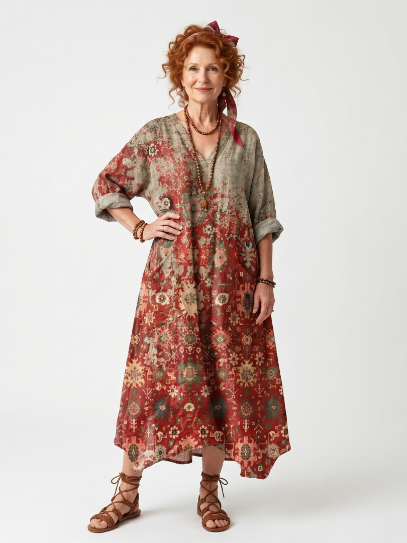 Saffron | Vestido midi descontraído com mistura de padrões e bolsos