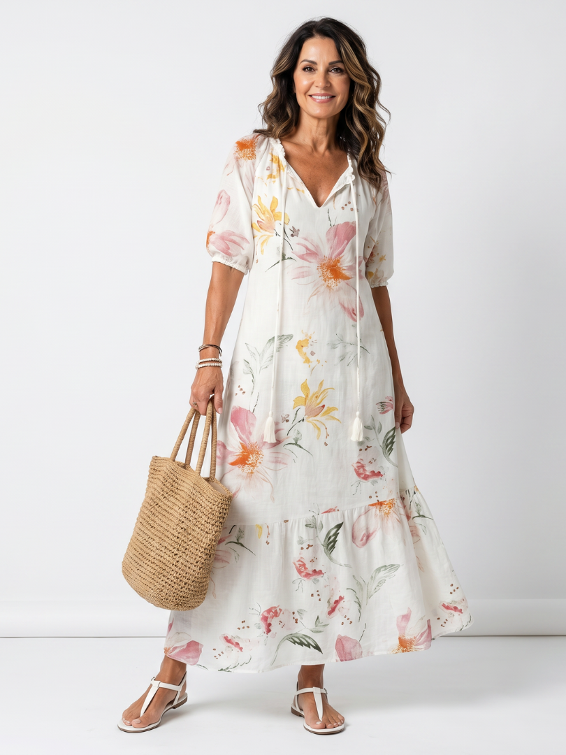 Noa | Vestido midi floral em camadas com cordões com borlas