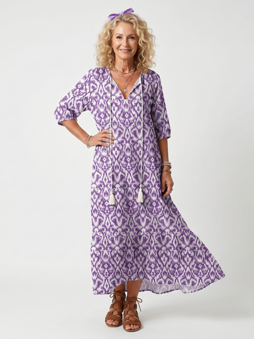 Penelope | Vestido midi estampado com cordões com borlas