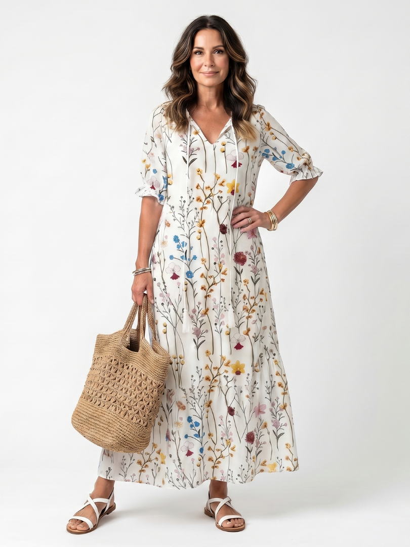 Sylvie | Vestido midi com estampado botânico e cordões com borlas
