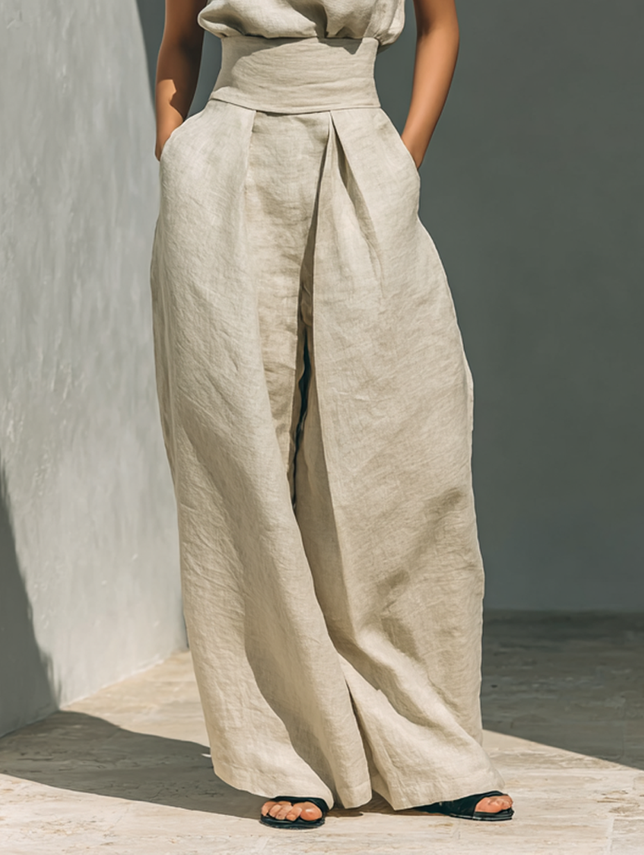 Conjunto composto por uma blusa sem mangas e calças de perna larga, num tecido misto de algodão e linho
