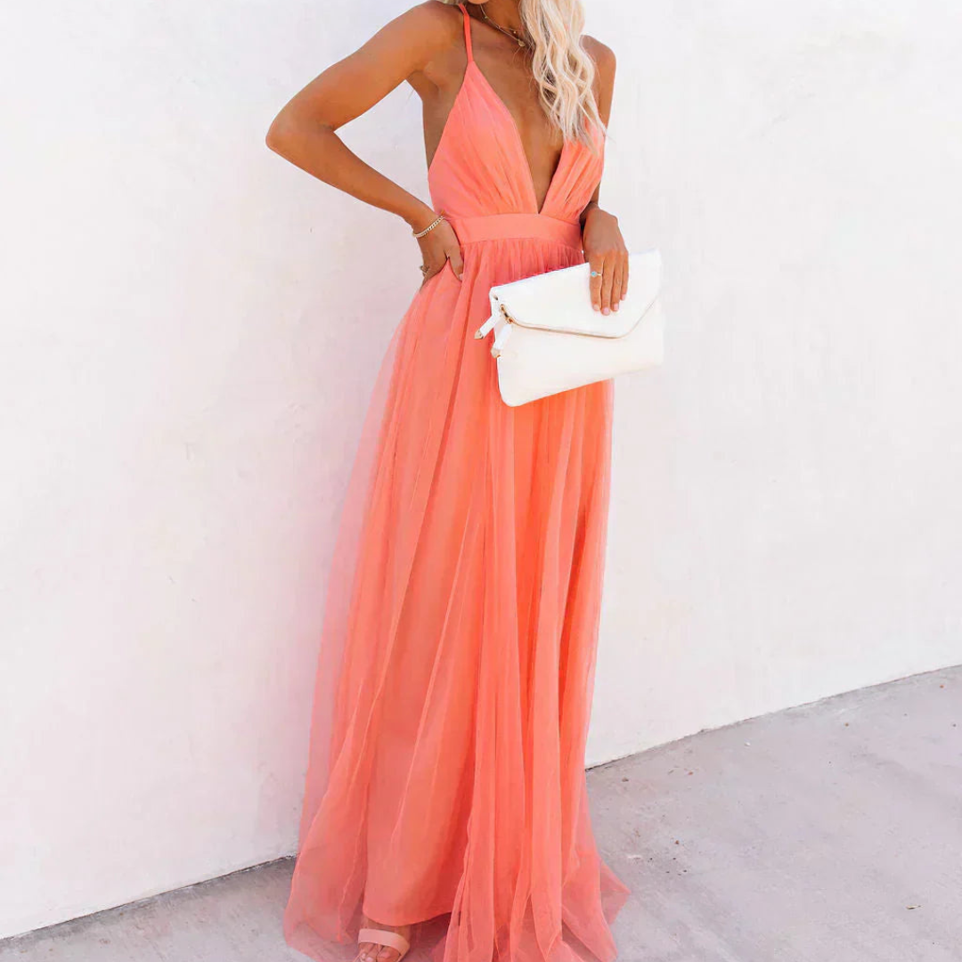 Genebra | Vestido Maxi Cor de Coral Claro