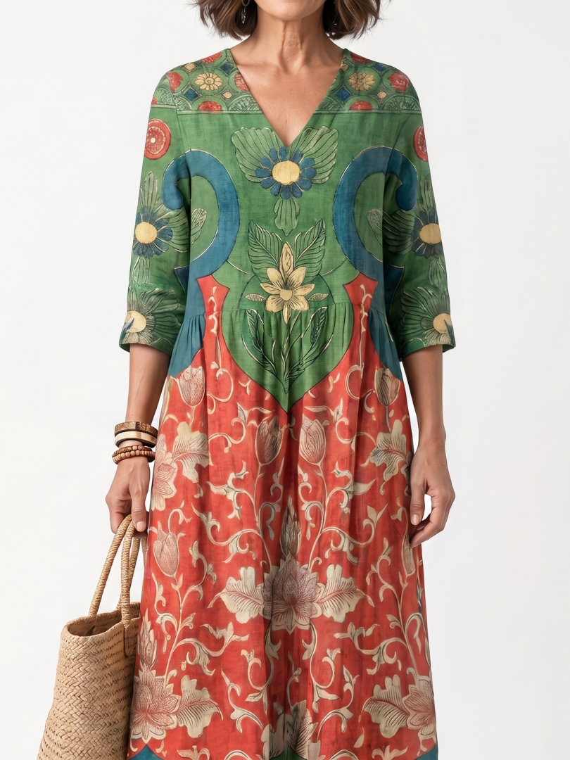 Sloane | Vestido midi com estampado misto, decote em V e bolsos