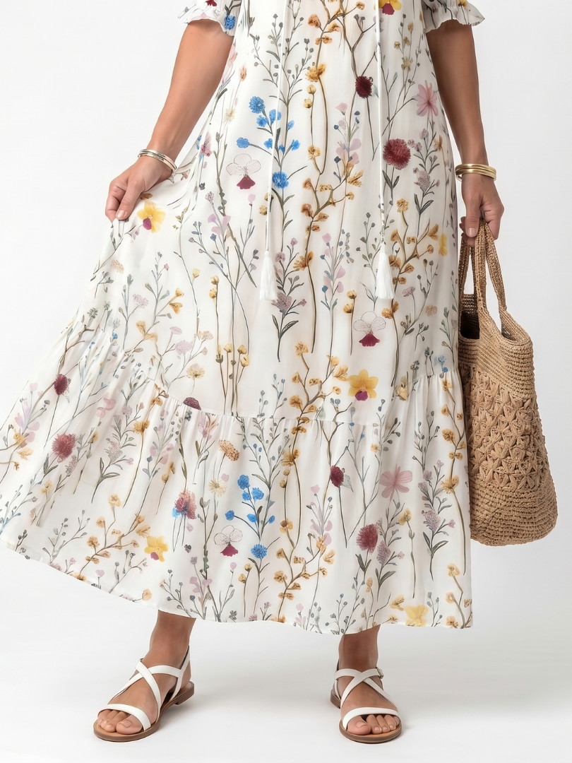 Sylvie | Vestido midi com estampado botânico e cordões com borlas