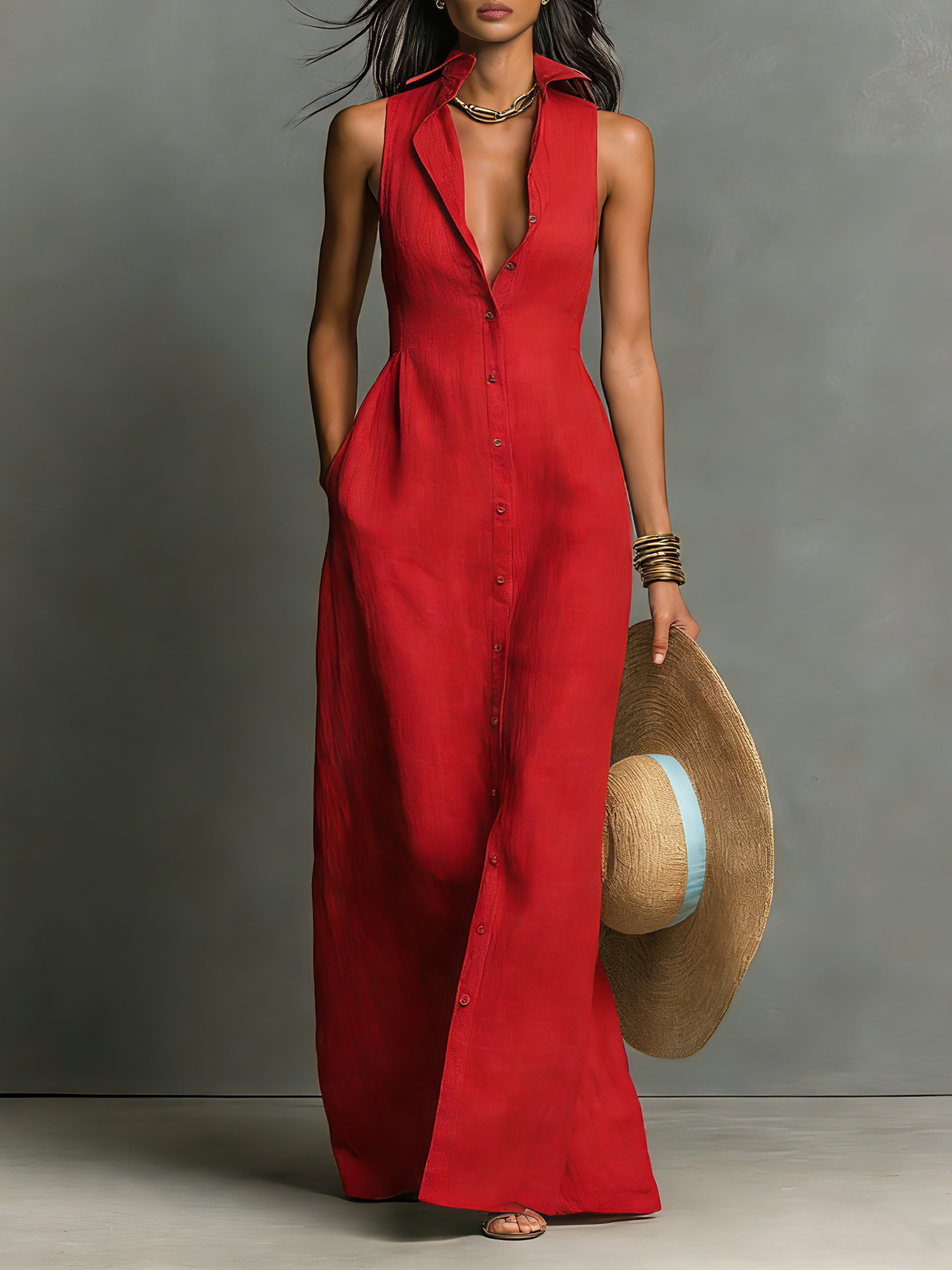 Vestido-camisa maxi minimalista, de uma só fila de botões, sem mangas e com colarinho