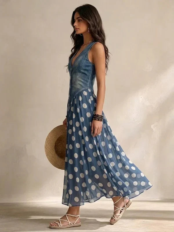 Brenda | Vestido elegante de ganga com saia de chiffon com padrão de bolinhas