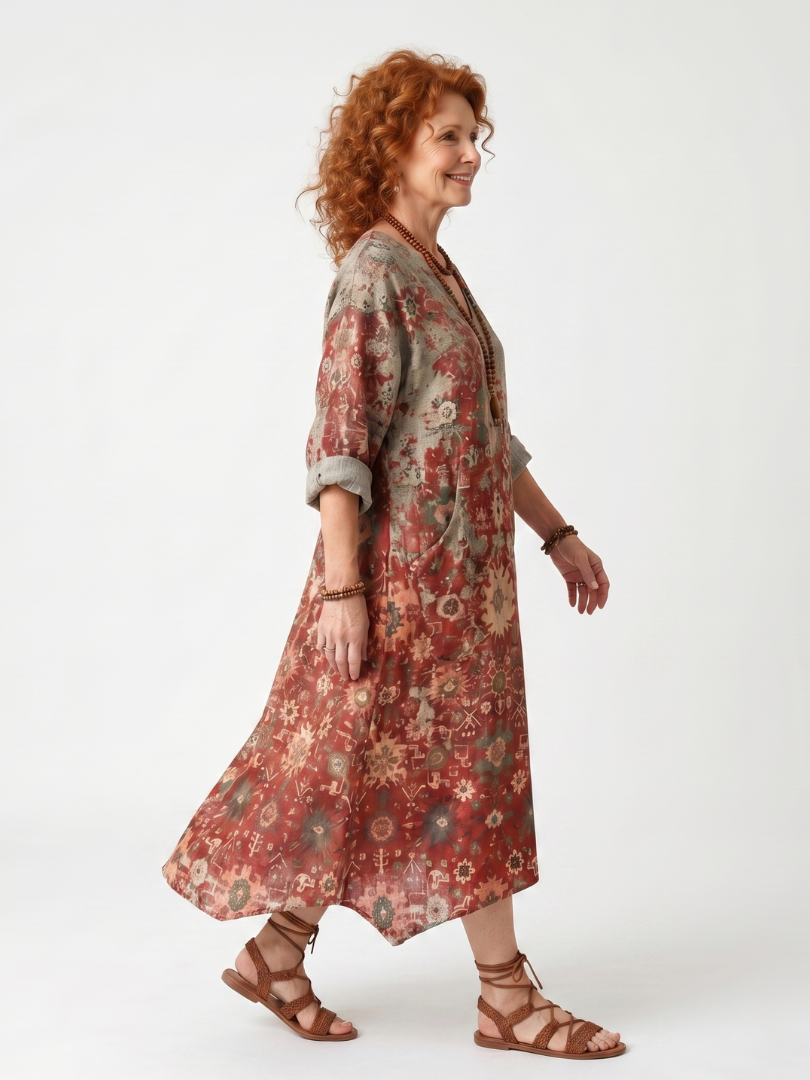 Saffron | Vestido midi descontraído com mistura de padrões e bolsos