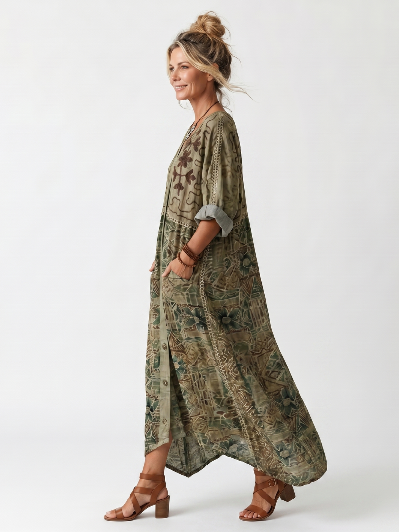Aleta | Vestido midi oversized com botões e bolsos