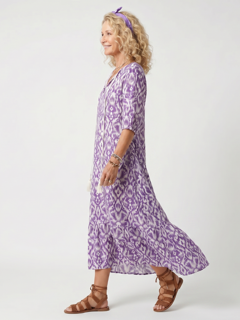 Penelope | Vestido midi estampado com cordões com borlas