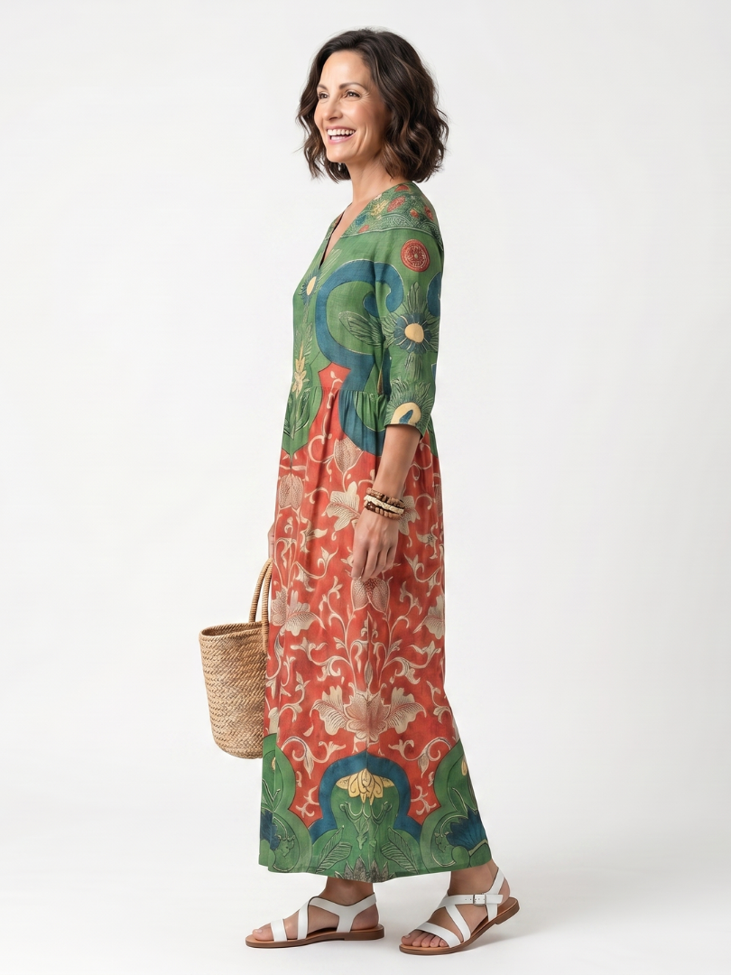 Sloane | Vestido midi com estampado misto, decote em V e bolsos