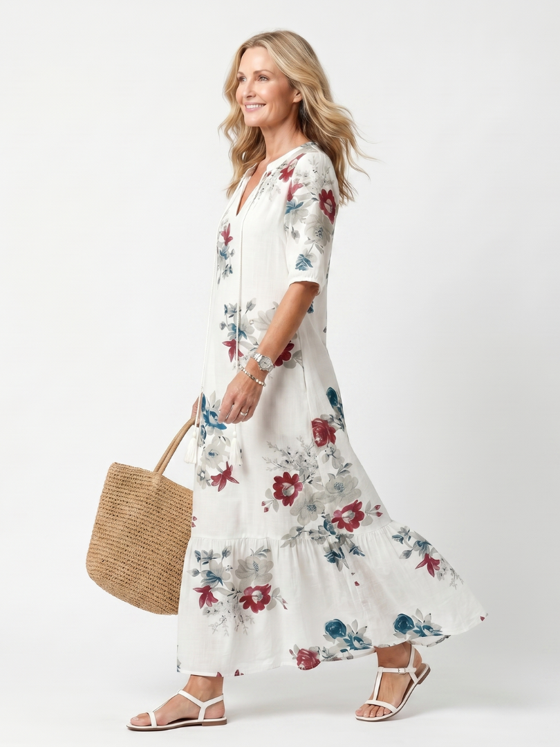 Maeva | Vestido midi com estampado floral delicado e cordões com borlas