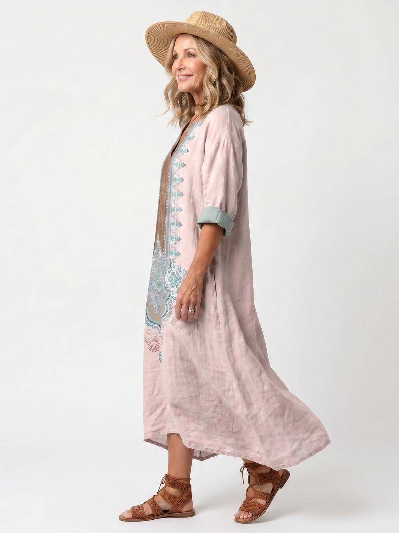 Kenza | Vestido midi descontraído com painéis e bolsos