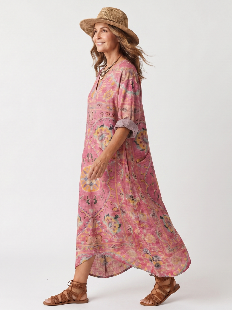 Tilda | Vestido midi descontraído com estampado abstrato e bolsos