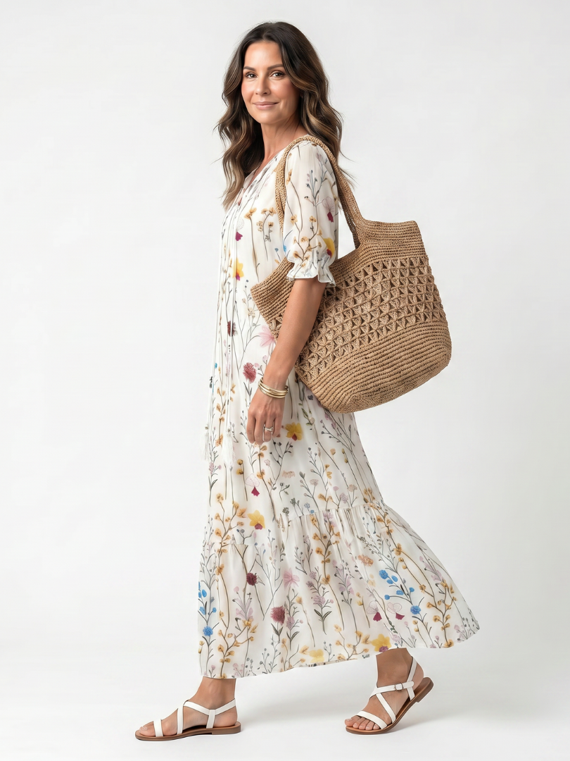 Sylvie | Vestido midi com estampado botânico e cordões com borlas