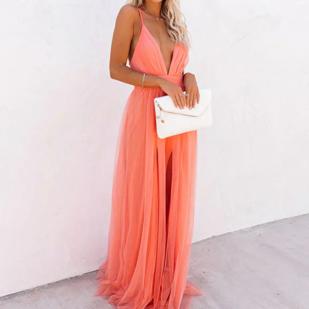 Genebra | Vestido Maxi Cor de Coral Claro