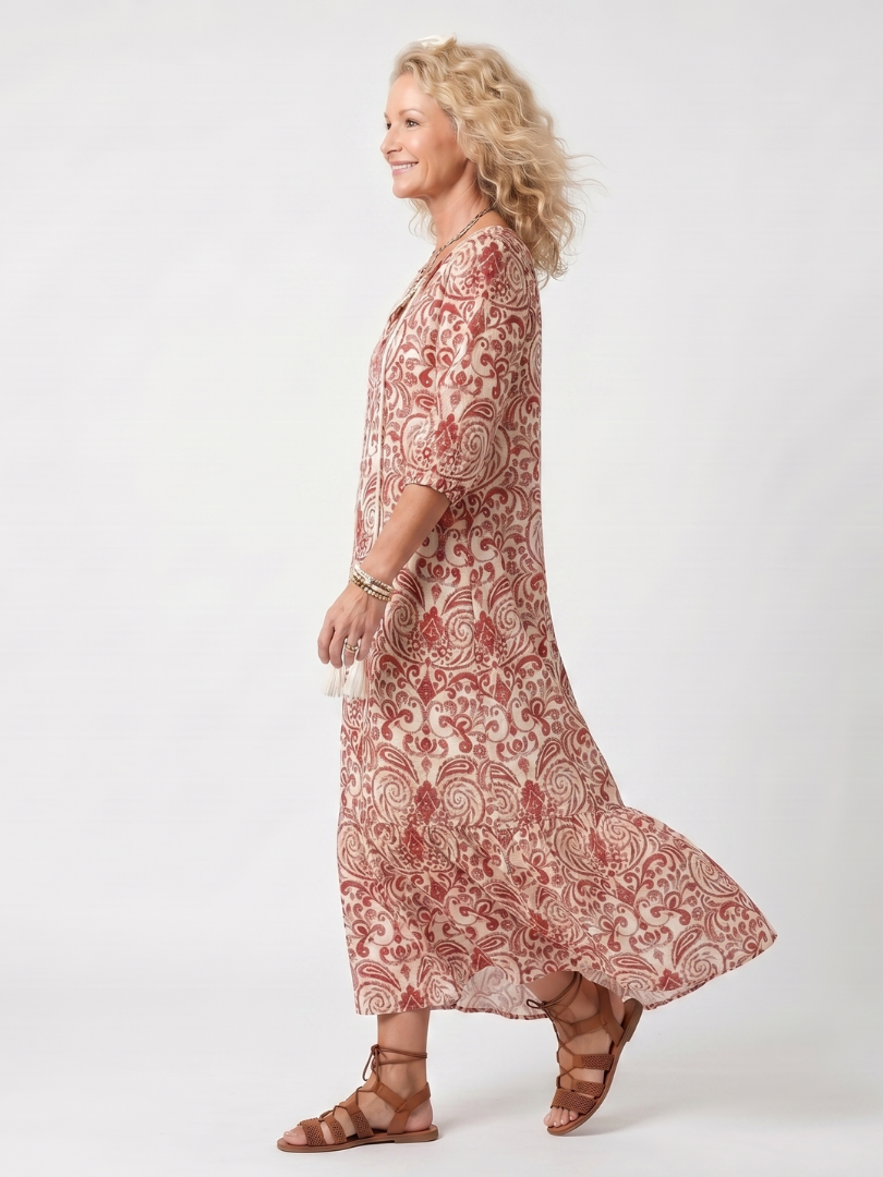 Noelle | Vestido midi com estampado ornamental e cordões com borlas