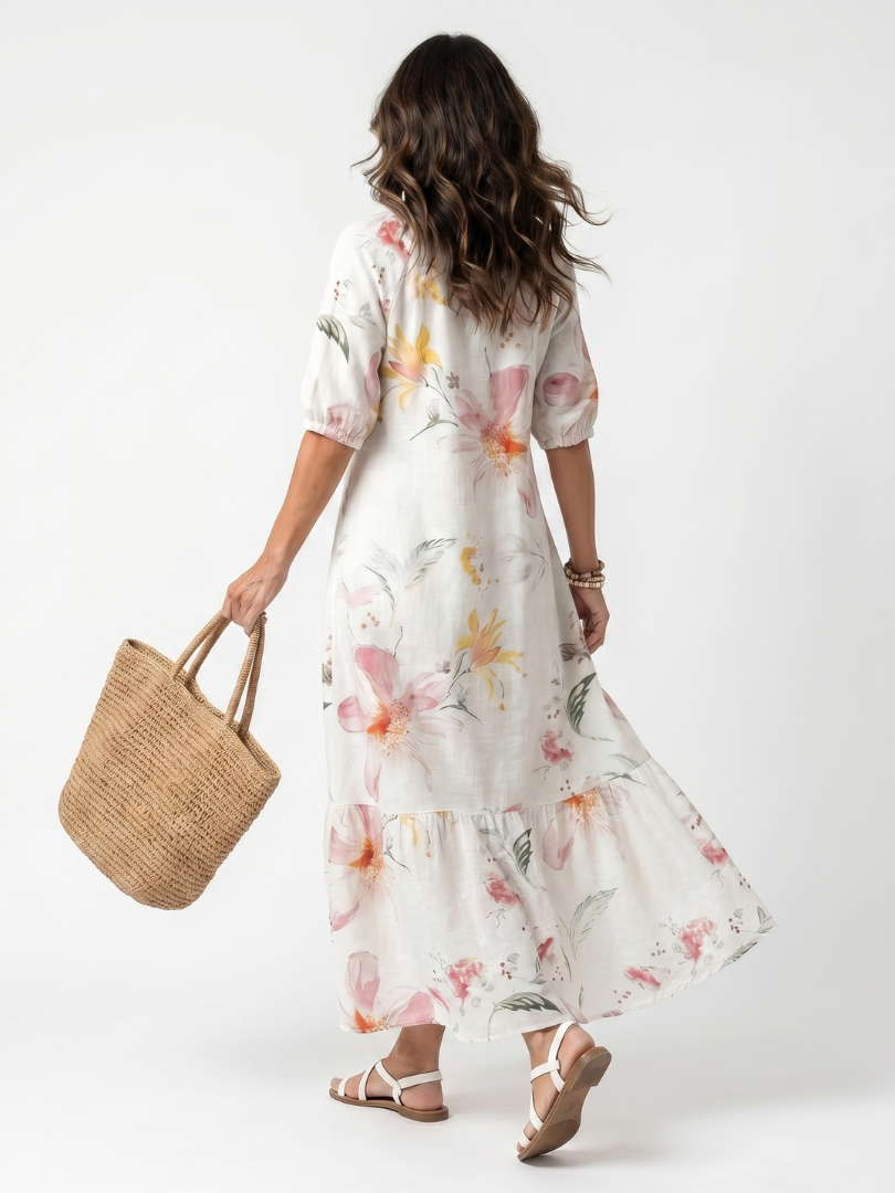 Noa | Vestido midi floral em camadas com cordões com borlas