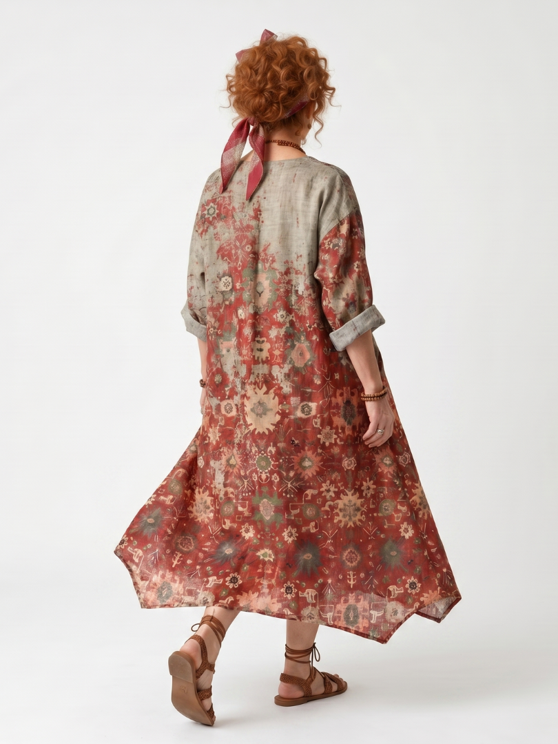 Saffron | Vestido midi descontraído com mistura de padrões e bolsos