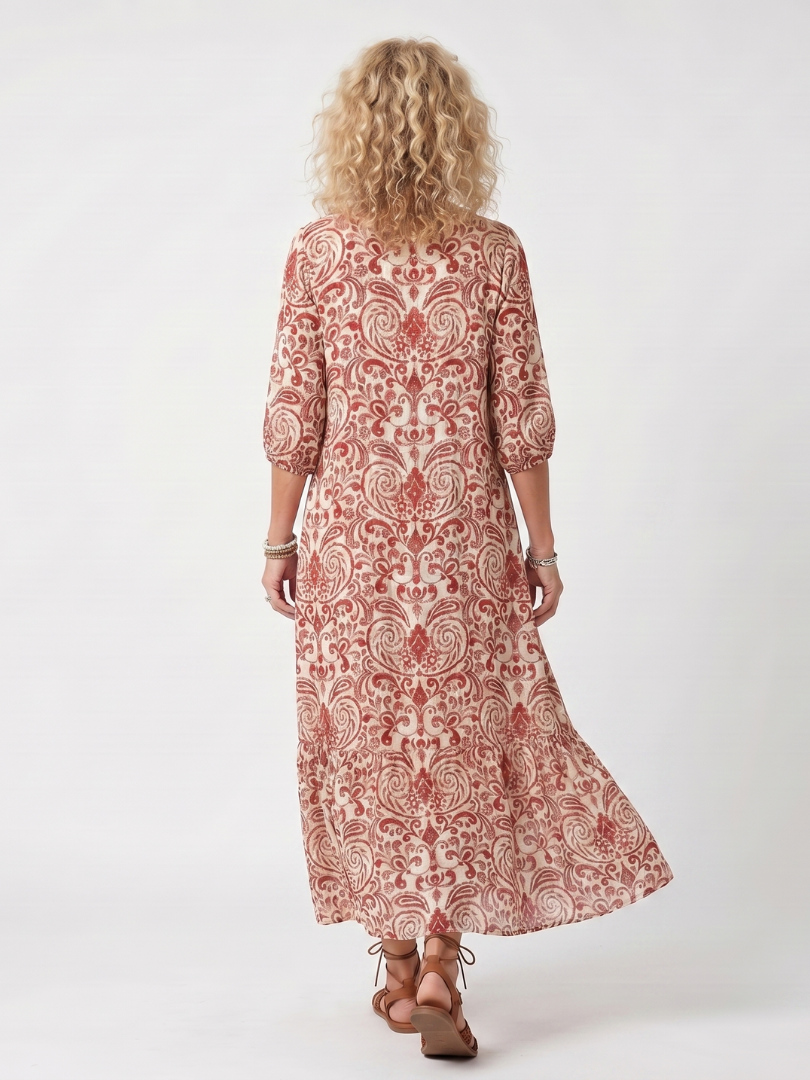 Noelle | Vestido midi com estampado ornamental e cordões com borlas