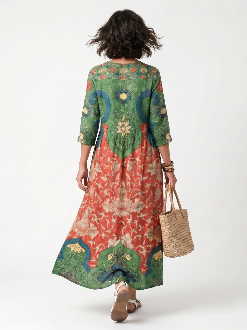 Sloane | Vestido midi com estampado misto, decote em V e bolsos