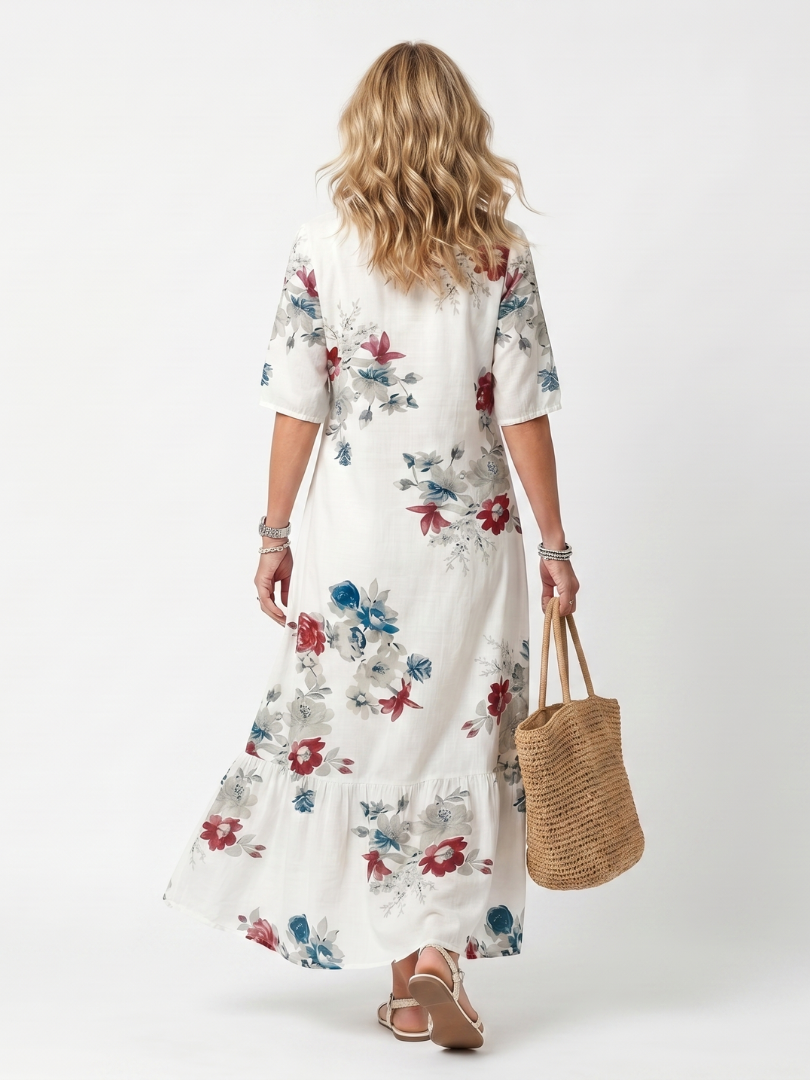 Maeva | Vestido midi com estampado floral delicado e cordões com borlas